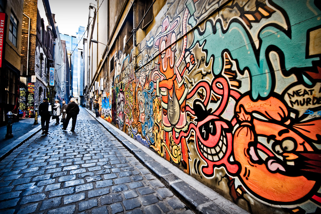 Melbourne's small alleys are often covered in street art, however are well kept and inviting, a fair few features cafes, bars and nightclubs. Image By Fernando de Sousa at Flickr. https://www.flickr.com/photos/fernando/ 